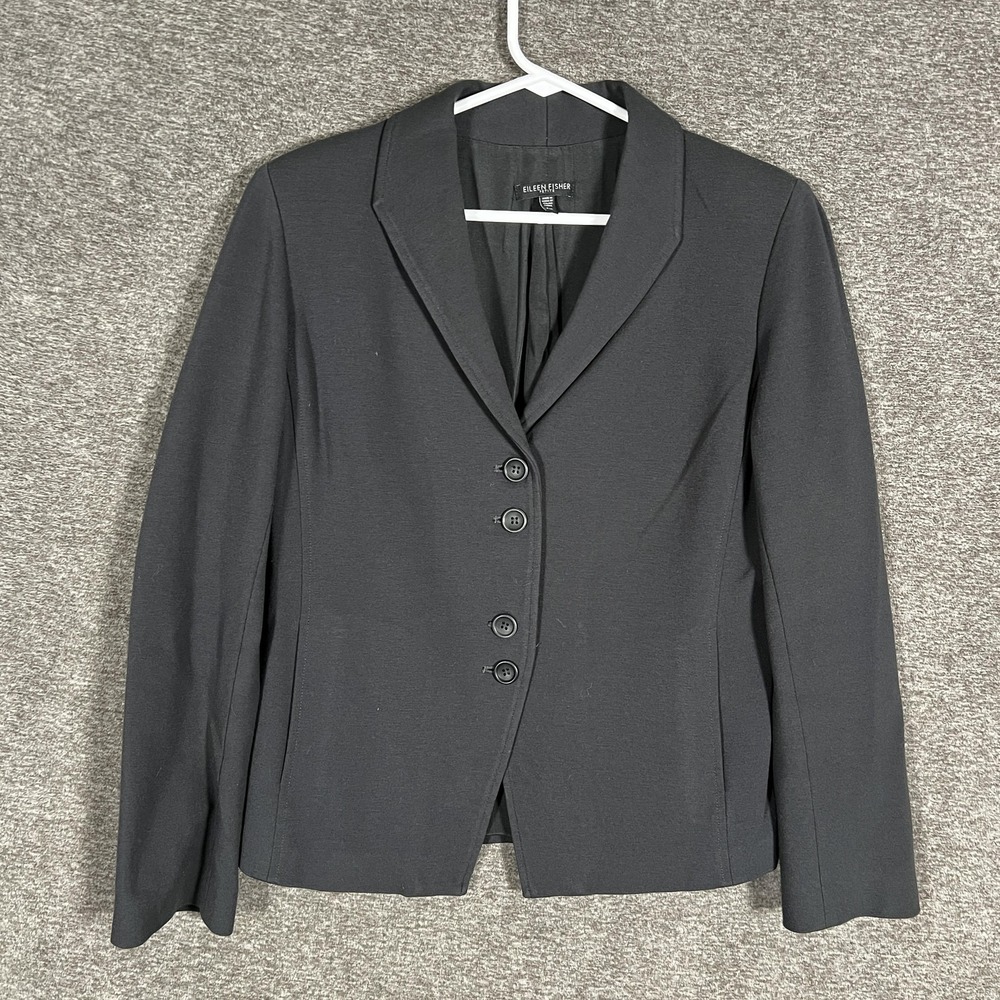 Eileen Fisher Blazer Womens Petite Medium Black Viscose Silk Lined Stretch